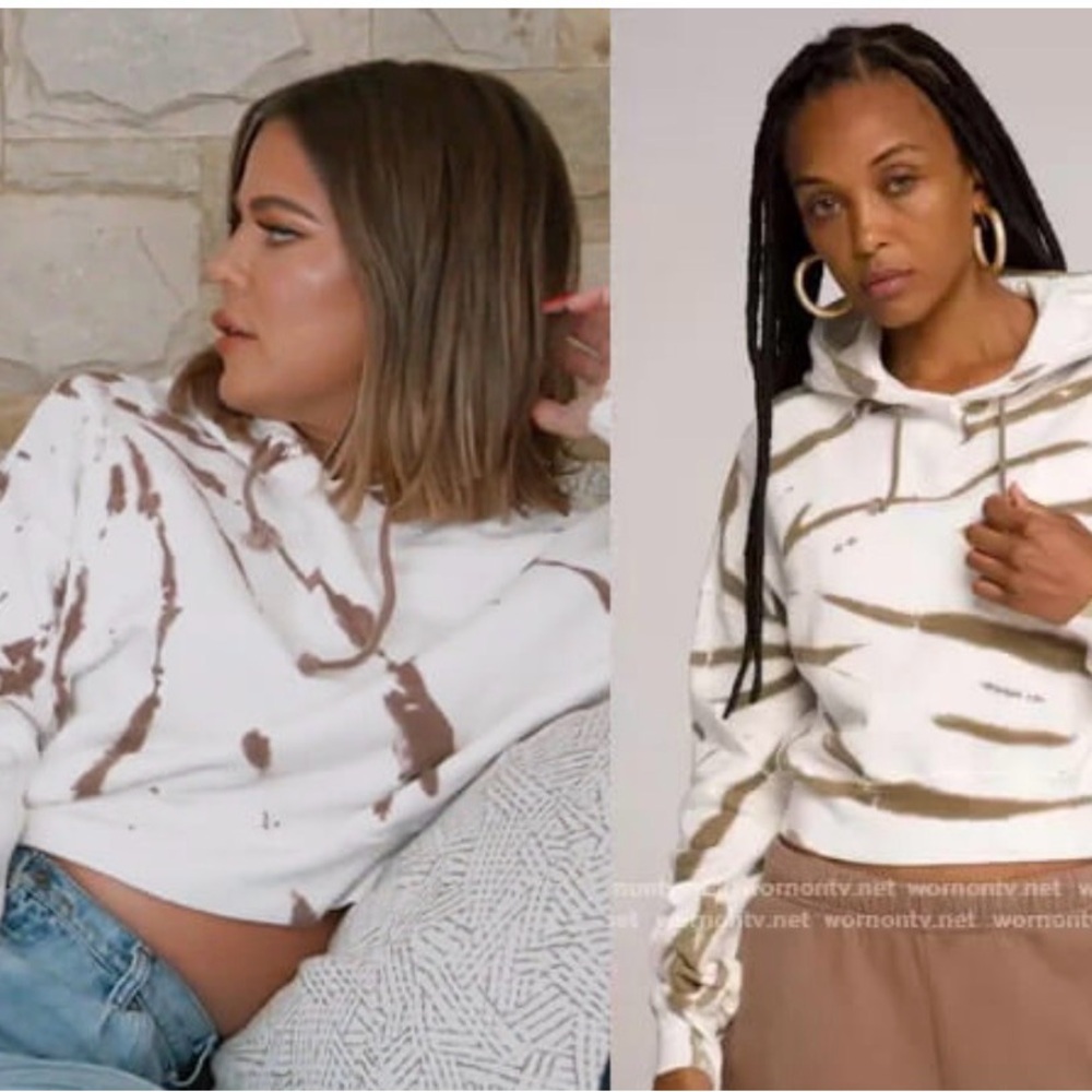 Good American Tie Dye Cropped Sweatshirt Cream Brown Raw Hem Womenโs Size 4